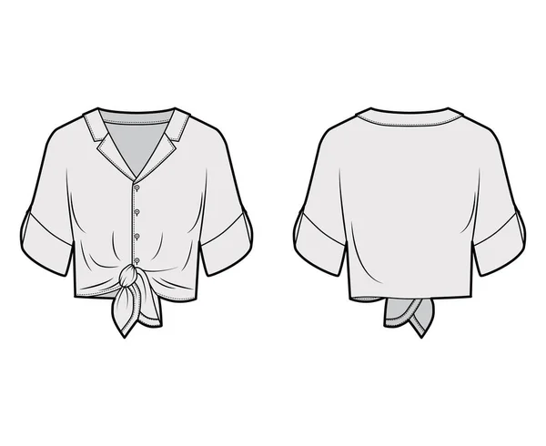 Tie-front μπλούζα τεχνική εικόνα μόδας με πέτο εγκοπές λαιμό γιακά, roll μανίκι αγκώνα. — Διανυσματικό Αρχείο