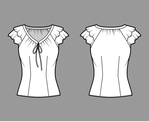 V 목걸이에 넥타이를 매는 블라우스 기술적 인 패션 삽화 , 짧은 소매에 플루 토루 플 을 끼고 몸을 맞추는 모습. — 스톡 벡터