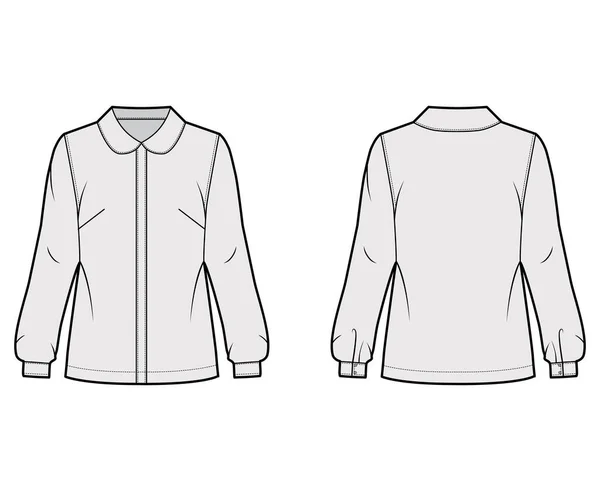 Rund krage skjorta teknisk mode illustration med lös silhuett, lång ärm med manschett, främre knappen fastsättning — Stock vektor