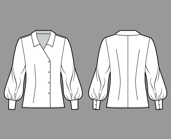 Blusa técnica ilustración de moda con cuerpo de gran tamaño, manga larga del obispo, cuello regular, doble pecho . — Archivo Imágenes Vectoriales