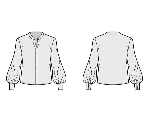 Chemise col montant illustration de mode technique avec manches longues évêque, fermeture par bouton avant, silhouette lâche. — Image vectorielle