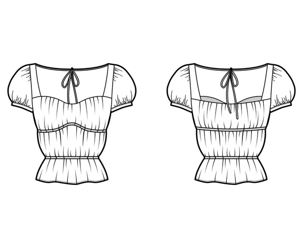 Ilustracja moda techniczna koszuli z nadwymiarowym nadwoziem, ukryte zapięcia na guziki wzdłuż przodu, delikatne falbanki — Wektor stockowy