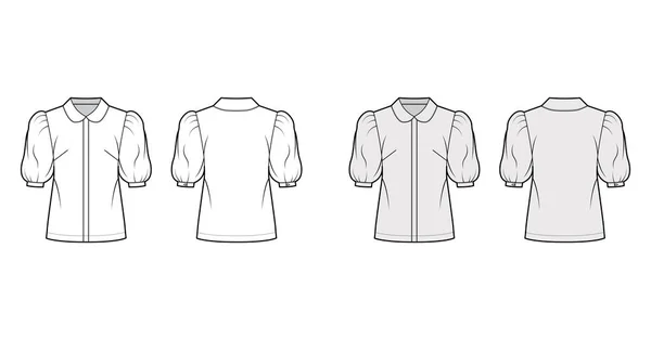 Elleboog puff mouw shirt technische mode illustratie met ronde kraag, knoop-sluiting aan de voorkant, los silhouet. — Stockvector