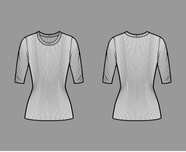 Tırtıklı tayfa boyun örgü süveter, dirsek kollu, kısa biçimli, tunik uzunluklu teknik moda çizimi.. 