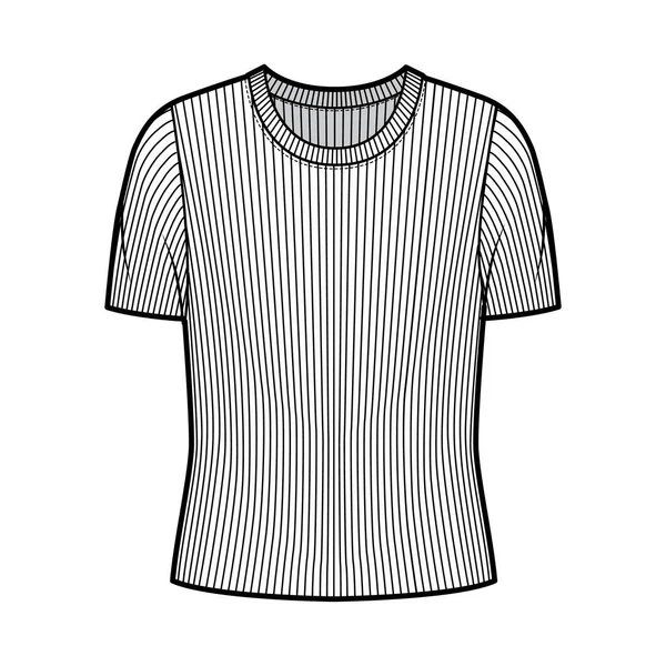 Jersey de punto de cuello redondo acanalado ilustración técnica de moda con mangas costillas cortas, cuerpo sobredimensionado. — Archivo Imágenes Vectoriales