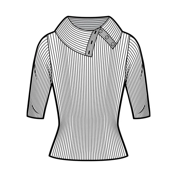 宽纽扣高领带边针织毛衣技术时尚图例，袖子肘部，紧身型. — 图库矢量图片