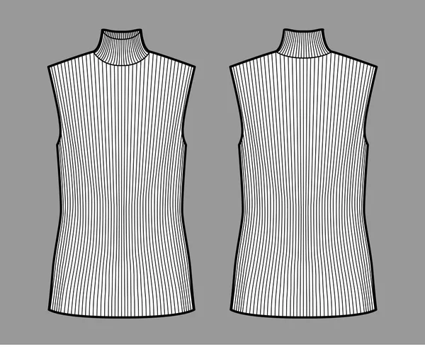 Suéter costilla cuello alto ilustración técnica de moda con cuerpo de longitud de túnica de gran tamaño, jersey sin mangas. — Archivo Imágenes Vectoriales