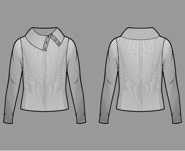 Ampia button-up collo alto a coste maglia maglione tecnico illustrazione di moda con maniche lunghe, corpo sovradimensionato — Vettoriale Stock