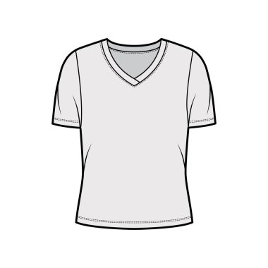 V yaka forma tişörtü, kısa kaburga kollu, iri vücutlu teknik moda illüstrasyonu.. 