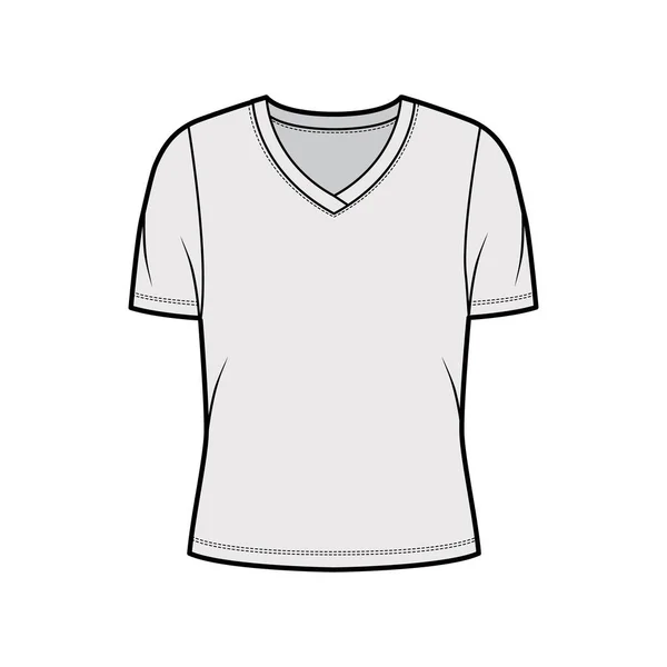 V-Ausschnitt Jersey T-Shirt technische Mode Illustration mit kurzen Rippenärmeln, übergroßer Körper. — Stockvektor