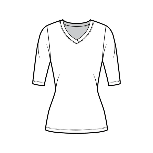 Jersey con cuello en V jersey ilustración técnica de moda con mangas de codo, forma ajustada, longitud de la túnica. — Vector de stock