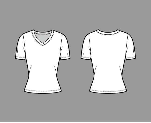 Tričko V-neck technické módní ilustrace s krátkými rukávy, přiléhavý tvar. — Stockový vektor