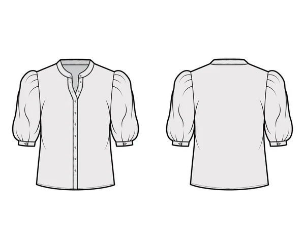 Camisa de cuello de pie ilustración técnica de moda con manga de soplo de codo, cierre de botón delantero, silueta suelta — Vector de stock