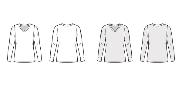 V-Ausschnitt Jersey Pullover technische Mode Illustration mit langen Ärmeln, übergroßen Körper, Tunika Länge. — Stockvektor