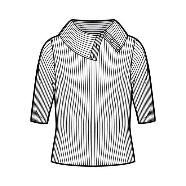 Amplo botão-up gola alta com nervuras camisola de malha técnica ilustração de moda com mangas de cotovelo, corpo de grandes dimensões . —  Vetores de Stock