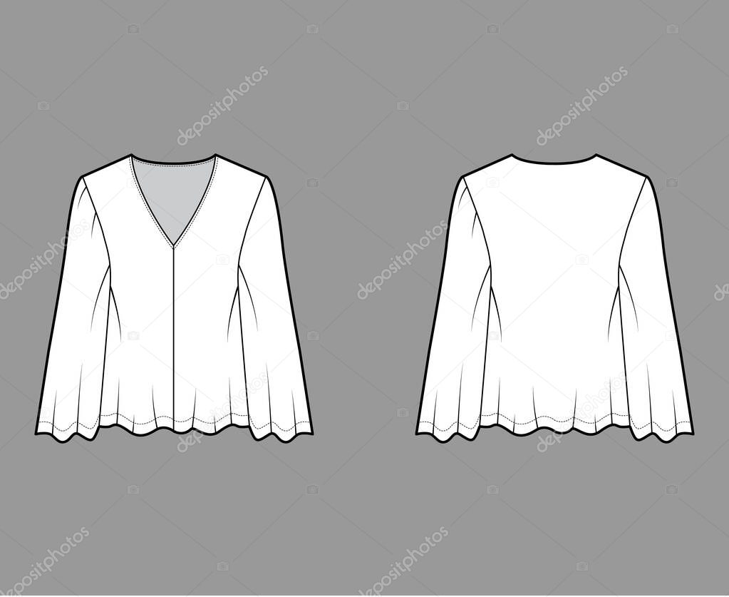 Gypsy style blouse technical fashion illustration with baby doll body, deep V-neck, long circle sleeves tunic.