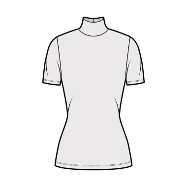 Balıkçı yaka kazak, kısa kollu, kısa biçimli, tunik uzunluklu teknik moda illüstrasyonu.