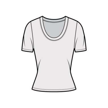Kepçeli yaka tişörtü, kısa kollu, kısa biçimli teknik moda illüstrasyonu.. 