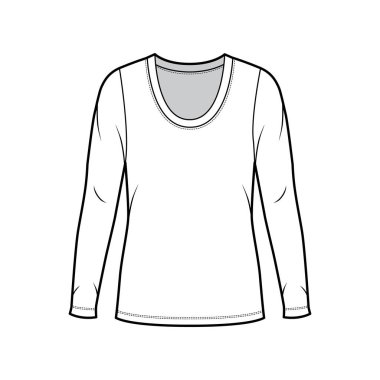 Kazak kepçesi uzun kollu, büyük bedenli, tunik uzunluklu teknik moda çizimi.. 