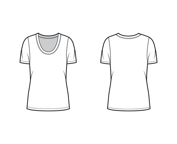 Scoop hals jersey t-shirt technische mode illustratie met korte mouwen, oversized lichaam, tuniek lengte. — Stockvector