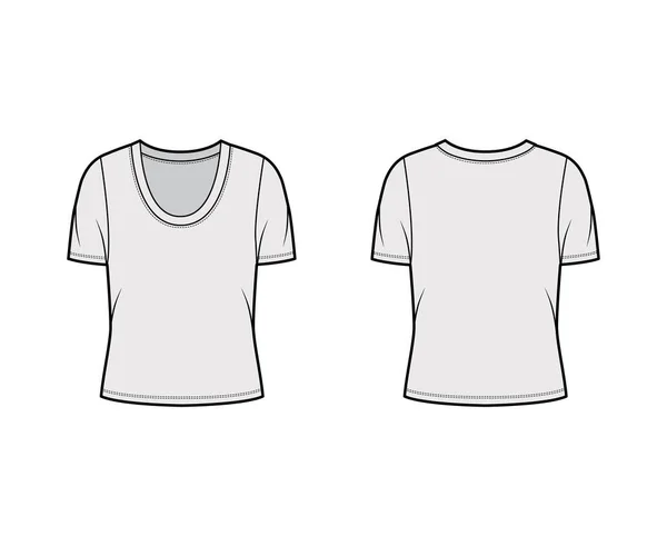 Scoop neck jersey t-shirt technical fashion illustration with short sleeves, oversized body. — Stock Vector
