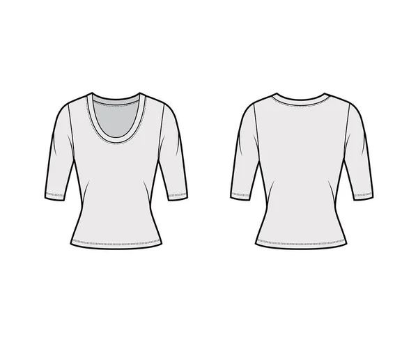 Scoop hals jersey trui technische mode illustratie met elleboog mouwen, close-fitting vorm. — Stockvector