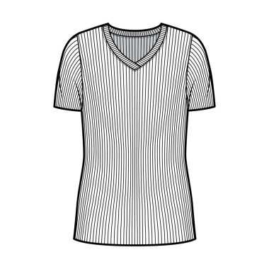 Tırtıklı V yaka örgü süveter kısa kaburga kollu, büyük beden, tunik uzunluklu teknik moda çizimi. 