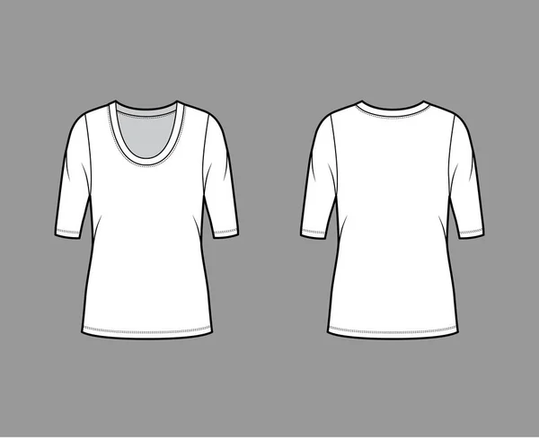 Scoop λαιμό φανέλα τεχνική εικόνα μόδας πουκάμισο με μανίκια αγκώνα, υπερμεγέθης σώμα, μήκος χιτώνα. — Διανυσματικό Αρχείο