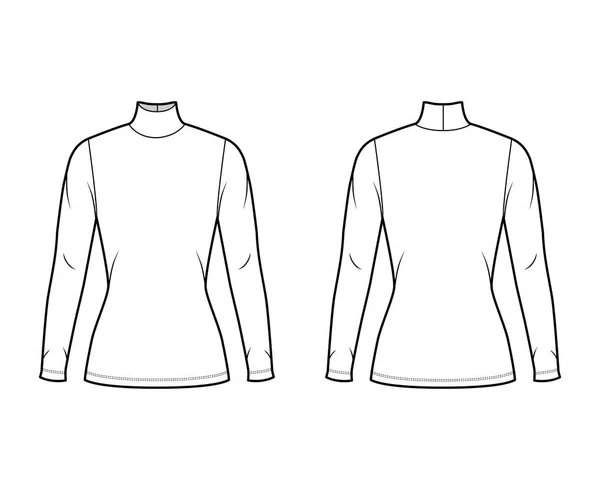 Rollkragenpullover aus Jersey technische Mode-Illustration mit langen Ärmeln, eng anliegende Form, Tunika-Länge. — Stockvektor