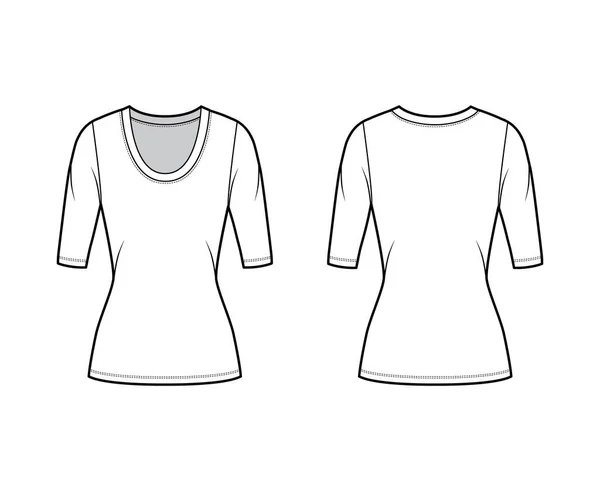 Scoop Neck Jersey Hemd technische Mode Illustration mit Ellenbogenärmeln, eng anliegende Form, Tunika-Länge. — Stockvektor