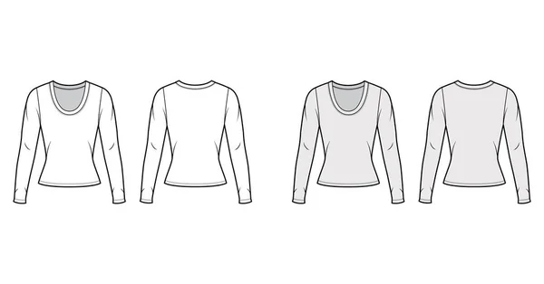 Scoop Neck Jersey Hemd technische Mode Illustration mit langen Ärmeln, eng anliegende Form. — Stockvektor