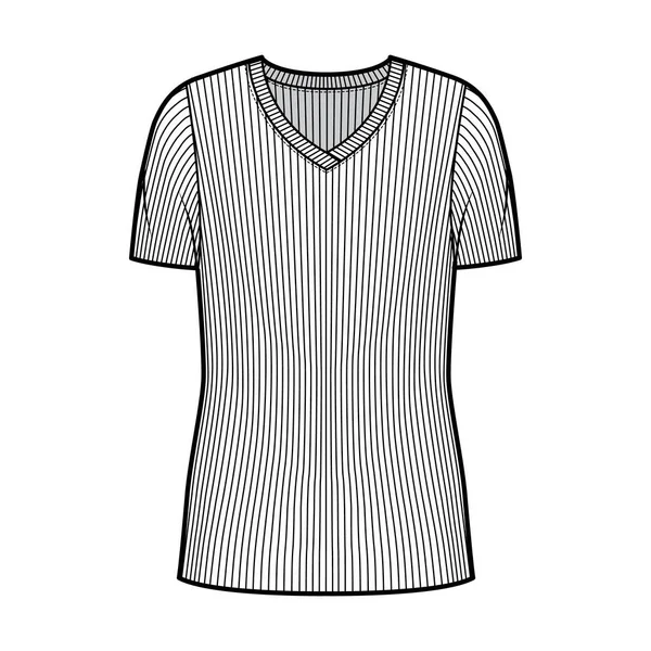 Ribbad V-ringad stickad tröja teknisk mode illustration med korta revben ärmar, överdimensionerad kropp, tunika längd. — Stock vektor