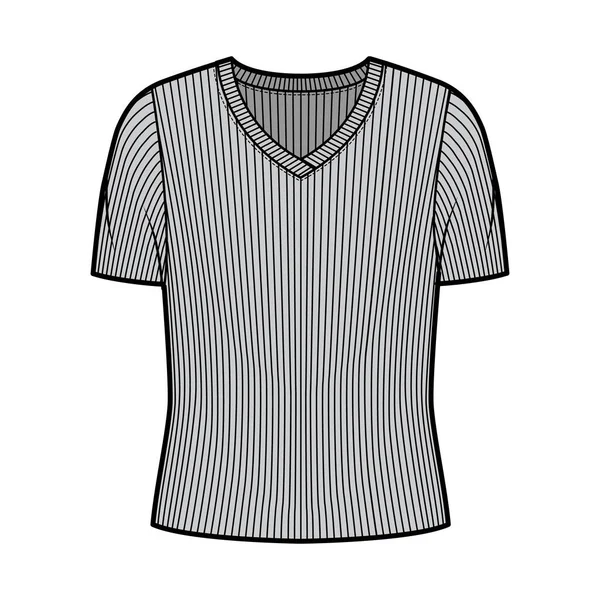 リブのVネックニットセーター技術的なファッションイラストで短いリブ袖、オーバーサイズボディ. — ストックベクタ