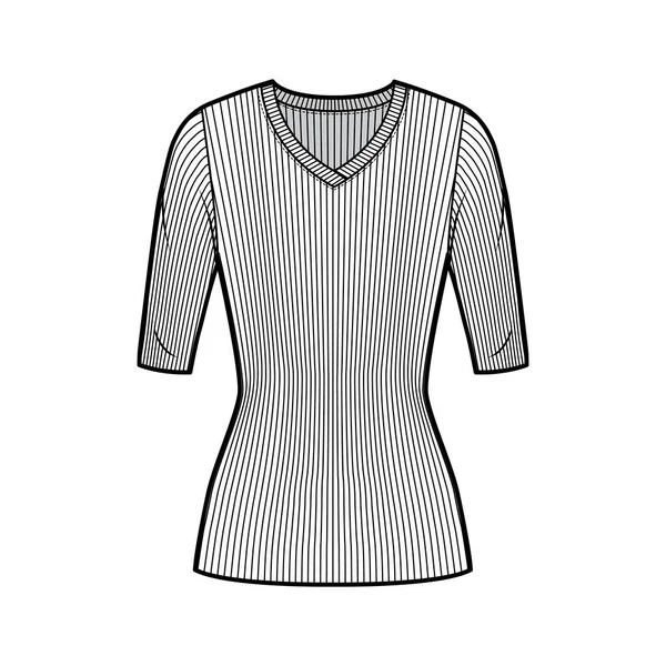 Jersey de punto acanalado con cuello en V ilustración técnica de moda con mangas de codo, forma ajustada, longitud de túnica. — Vector de stock