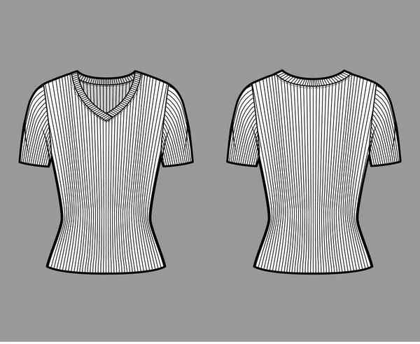 リブのVネックニットセーター技術的なファッションイラスト短いリブ袖、密着形状. — ストックベクタ