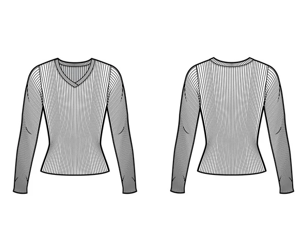 带边V领针织毛衣技术时尚图例，长袖，紧身型. — 图库矢量图片