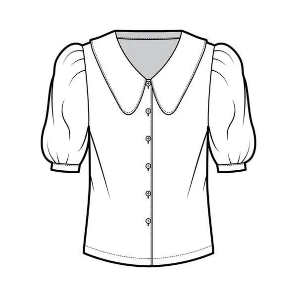 Skallopovaná límečková košile technická módní ilustrace s loktem rukávem, zapínání předních knoflíků, volná silueta — Stockový vektor