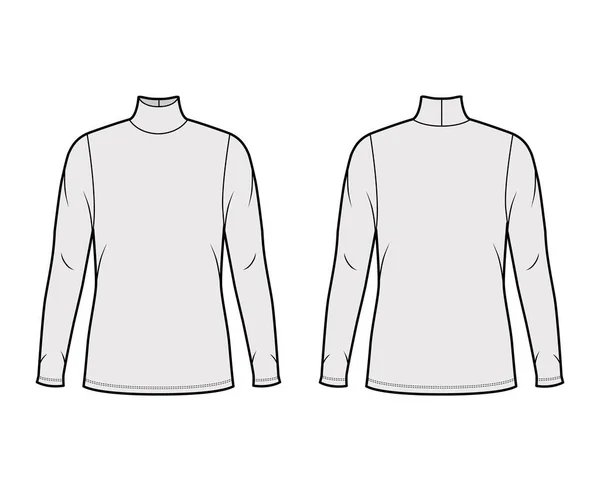 Jersey cuello alto jersey técnica moda ilustración con mangas largas, cuerpo de gran tamaño, longitud de la túnica. — Vector de stock