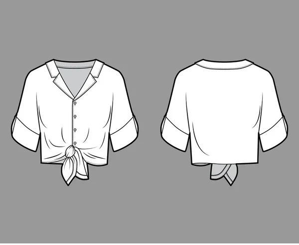Tie-front blusa técnica moda ilustração com lapela entalhado gola pescoço, rolo manguito cotovelo manga . — Vetor de Stock