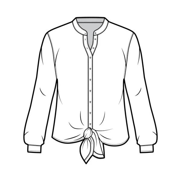 Camisa técnica de moda ilustración con cuello de pie de mandarina curvada, mangas largas, dobladillo de corbata . — Archivo Imágenes Vectoriales