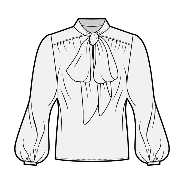 Pussy-bow blouse technical fashion illustration with oversized body, loose fit, long bishop sleeves. — ストックベクタ