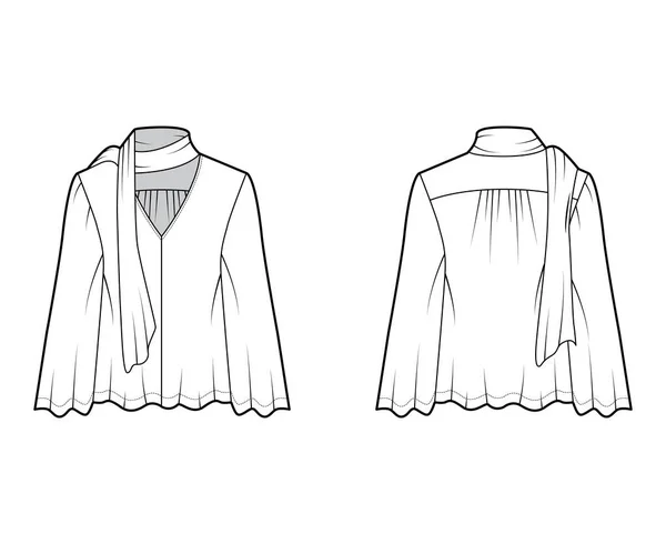 Blusa de arco cobarde ilustración técnica de moda con cuerpo de muñeca, cuello en V profundo, túnica de manga larga . — Vector de stock