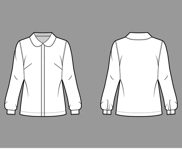 Camisa de cuello redondo ilustración técnica de moda con silueta suelta, manga larga con puño, cierre de botón delantero — Vector de stock