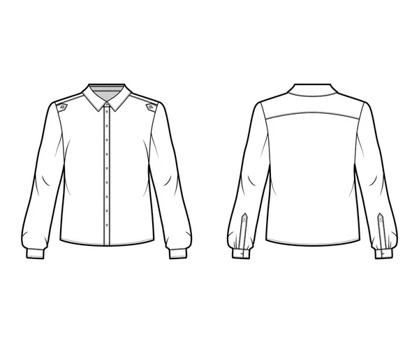Κλασικό στρατιωτικό στυλ πουκάμισο τεχνική εικόνα μόδας με κουμπιά πλακούντα, επωμίδες, μακριά μανίκια. — Διανυσματικό Αρχείο
