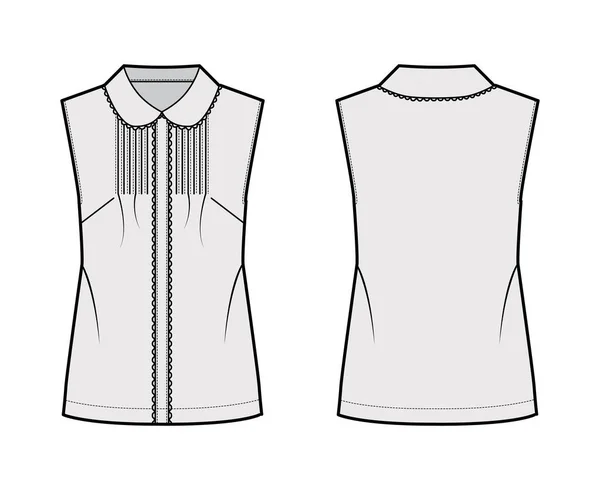 Pintucked blusa técnica moda ilustração com gola redonda, rendas vieiras, sem mangas, silhueta solta —  Vetores de Stock
