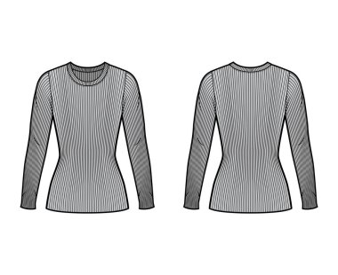 Tırtıklı mürettebat boynu uzun kollu, kısa biçimli, tunik uzunluklu teknik moda illüstrasyonu.. 