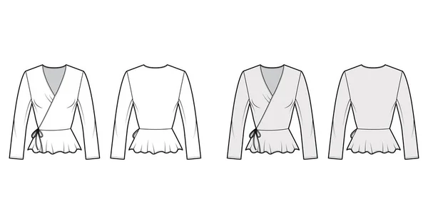 Blusa de abrigo ilustración técnica de moda con silueta ajustada, dobladillo con volantes, mangas largas, lazos en la cintura . — Vector de stock