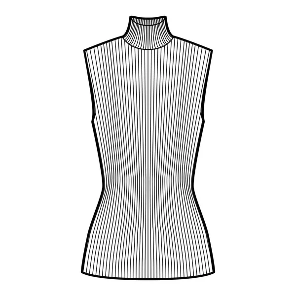 Suéter costilla cuello alto ilustración técnica de moda con cuerpo de longitud de túnica ajustado, jersey sin mangas. — Vector de stock