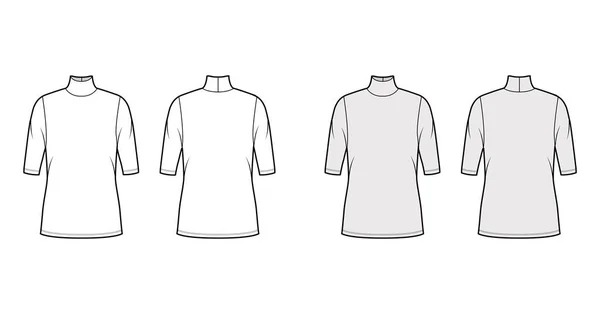 Maglia jersey dolcevita illustrazione tecnica di moda con maniche a gomito, corpo oversize, lunghezza della tunica. — Vettoriale Stock