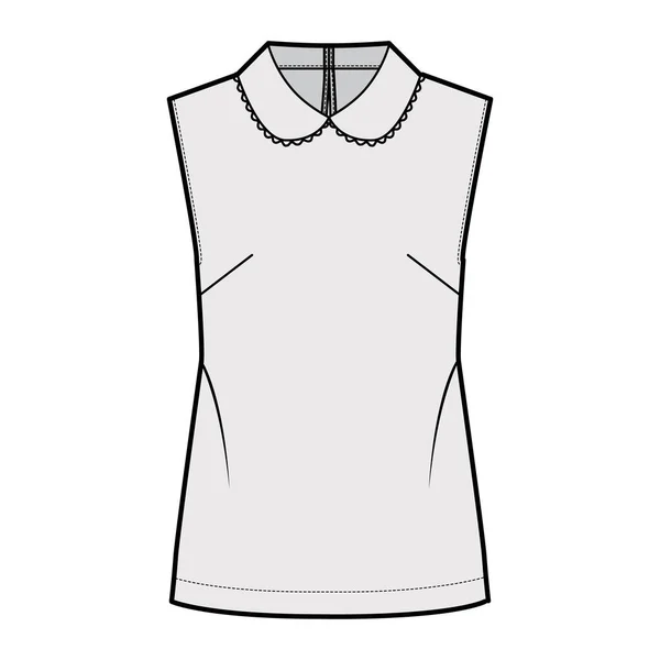 Blouse technical fashion illustration with loose silhouette, sleeveless, round collar trimmed with scalloped lace. — Stock Vector